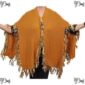 Upcycled Mustard Yellow Sweater Poncho Handknotted Fringe Crocheted Scarf